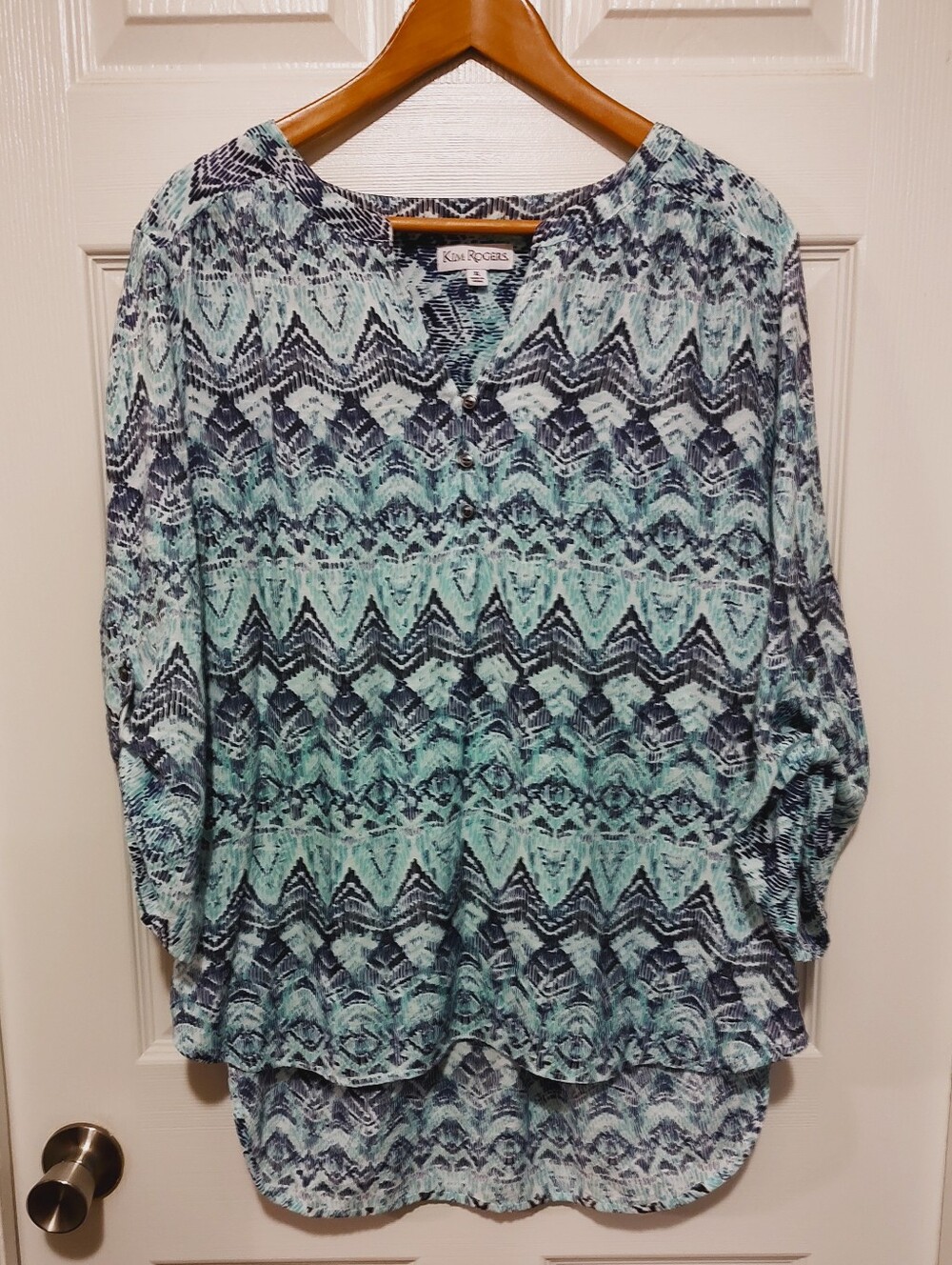 Kim Rogers Mint & Navy Aztec-Print Split-Hem Tunic